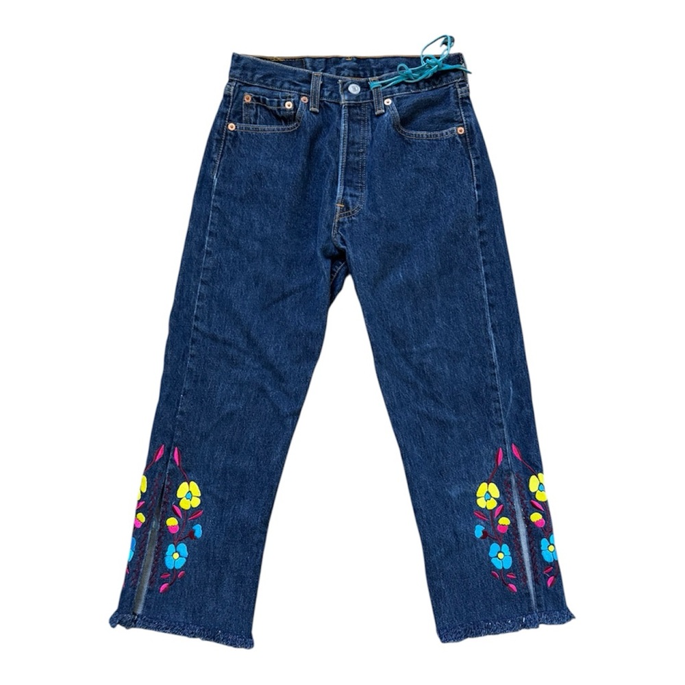 Levi's 501 Blue Denim with Vibrant Floral Embroidery